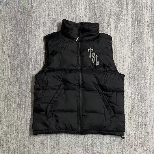 Autumn winter American style warm cotton jacket large T-tag sleeveless stand up collar embroidered men women outerwear coat