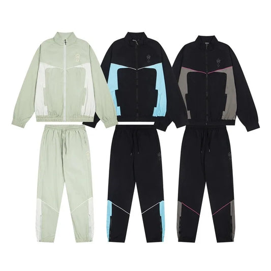 Trapstar Windproof Sport Color Block 3D Letter Embroidery Jacket Set Loose Zipper Outerwear Casual Long Pants Unisex